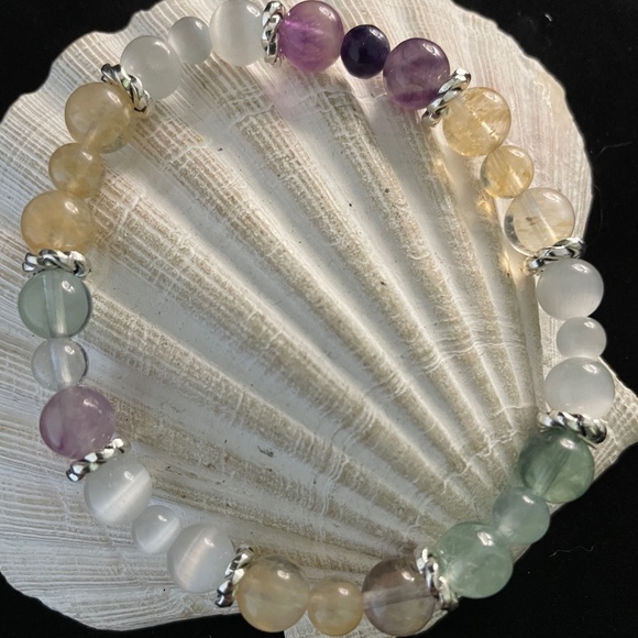 Fight Cancer With Fluorite, Citrine, Selenite, Beaded Stretch Bracelet - Picture 2 of 4